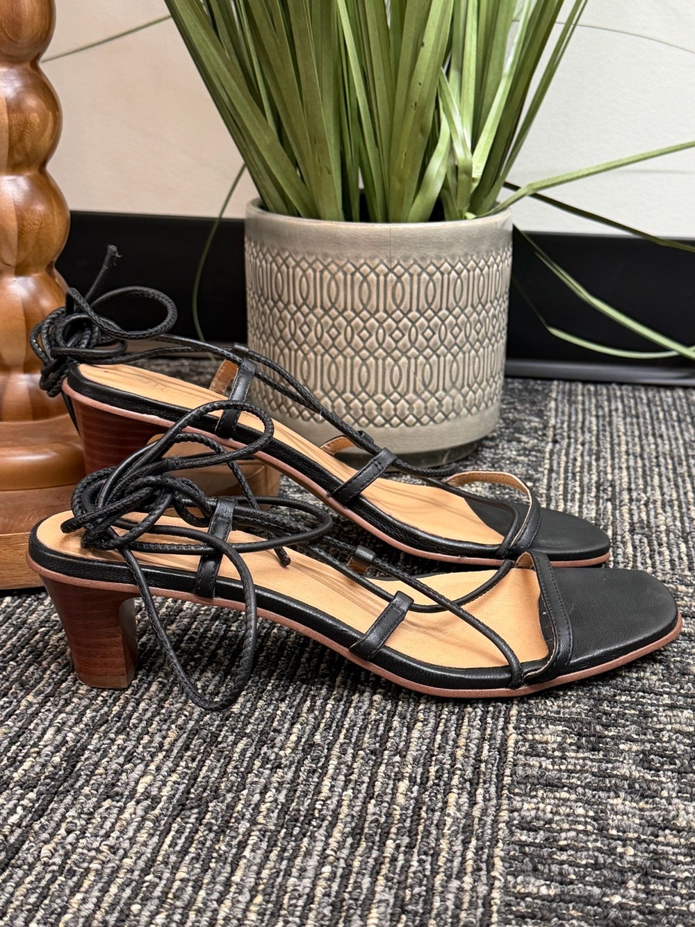 Madewell Jewell Black Strappy Lace-Up Mid Heel Sandals